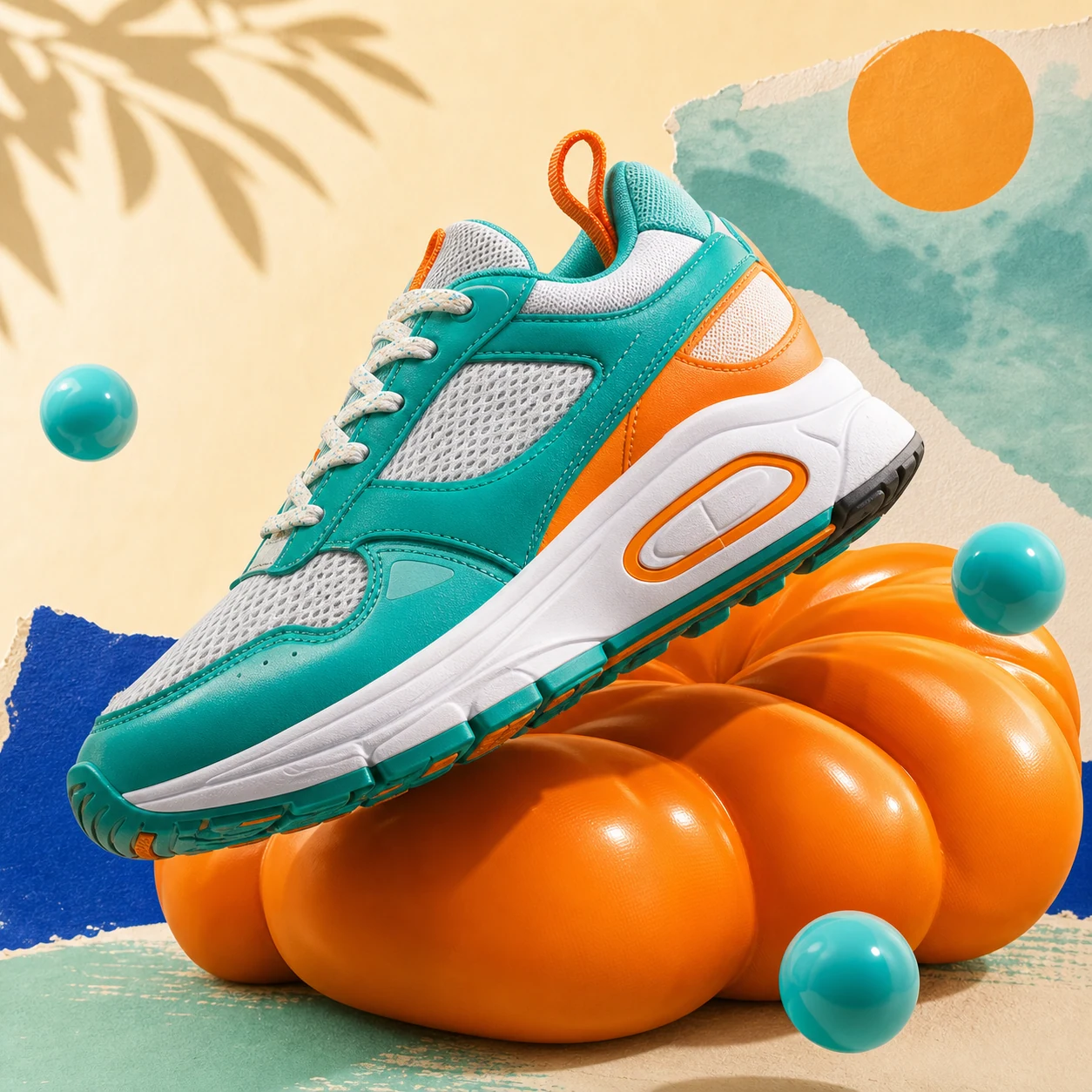 A teal running shoe campaign visual on a warm sculptural set
